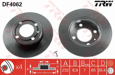 Trw Bremsscheibe Hinterachse Voll [Hersteller-Nr. DF4062] für VW, Seat von TRW