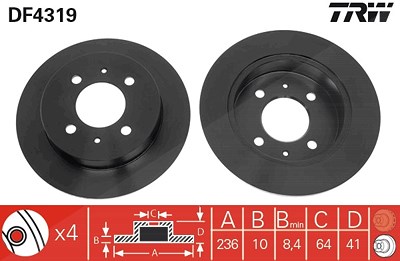 Trw Bremsscheibe Hinterachse Voll [Hersteller-Nr. DF4319] für Mitsubishi von TRW