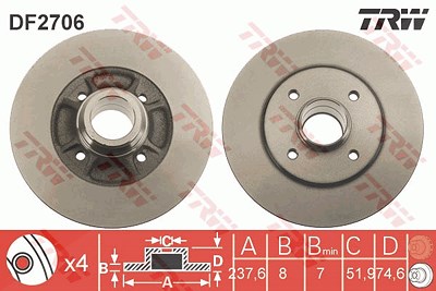 Trw Bremsscheibe Hinterachse Voll [Hersteller-Nr. DF2706] für Renault von TRW