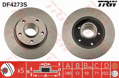 Trw 1x Bremsscheibe Hinterachse Voll ohne Radlager [Hersteller-Nr. DF4273S] für Nissan, Opel, Renault von TRW