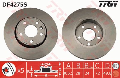 Trw 1x Bremsscheibe [Hersteller-Nr. DF4275S] für Nissan, Opel, Renault von TRW