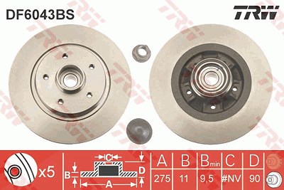 Trw 1x Bremsscheibe mit Radlager Voll Hinterachse [Hersteller-Nr. DF6043BS] für Renault von TRW