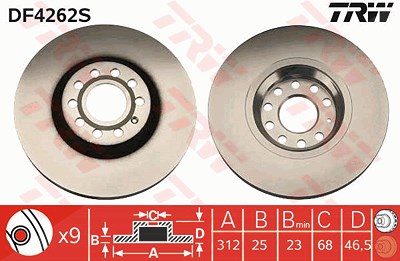 Trw 1x Bremsscheibe Vorderachse Belüftet [Hersteller-Nr. DF4262S] für VW, Audi, Skoda, Seat von TRW