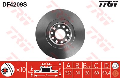 Trw 1x Bremsscheibe Vorderachse Belüftet [Hersteller-Nr. DF4209S] für Audi, VW von TRW