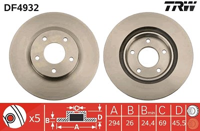 Trw Bremsscheibe Vorderachse Belüftet [Hersteller-Nr. DF4932] für Chrysler, Citroën, Dodge, Jeep, Mitsubishi, Peugeot von TRW