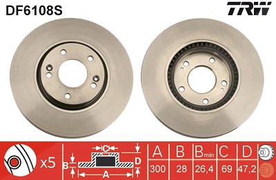 Trw 1x Bremsscheibe Vorderachse Belüftet [Hersteller-Nr. DF6108S] für Hyundai, Kia von TRW