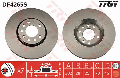 Trw 1x Bremsscheibe Vorderachse Belüftet [Hersteller-Nr. DF4265S] für Cadillac, Chevrolet, Opel, Saab, Vauxhall von TRW