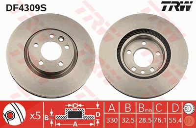 Trw 1x Bremsscheibe Vorderachse Belüftet [Hersteller-Nr. DF4309S] für VW von TRW