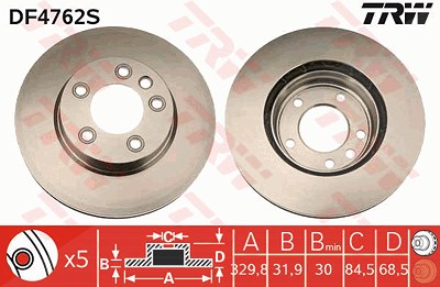 Trw 1x Bremsscheibe Vorderachse Belüftet links [Hersteller-Nr. DF4762S] für Porsche, VW von TRW