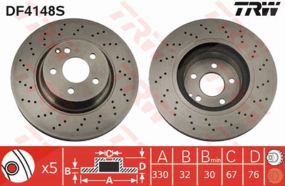 Trw 1x Bremsscheibe Vorderachse Gelocht/Belüftet [Hersteller-Nr. DF4148S] für Mercedes-Benz von TRW