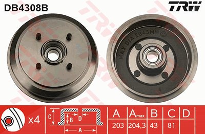 Trw 1x Bremstrommel [Hersteller-Nr. DB4308B] für Ford, Mazda von TRW