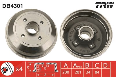 Trw 1x Bremstrommel Hinterachse ohne Radlager [Hersteller-Nr. DB4301] für Opel von TRW