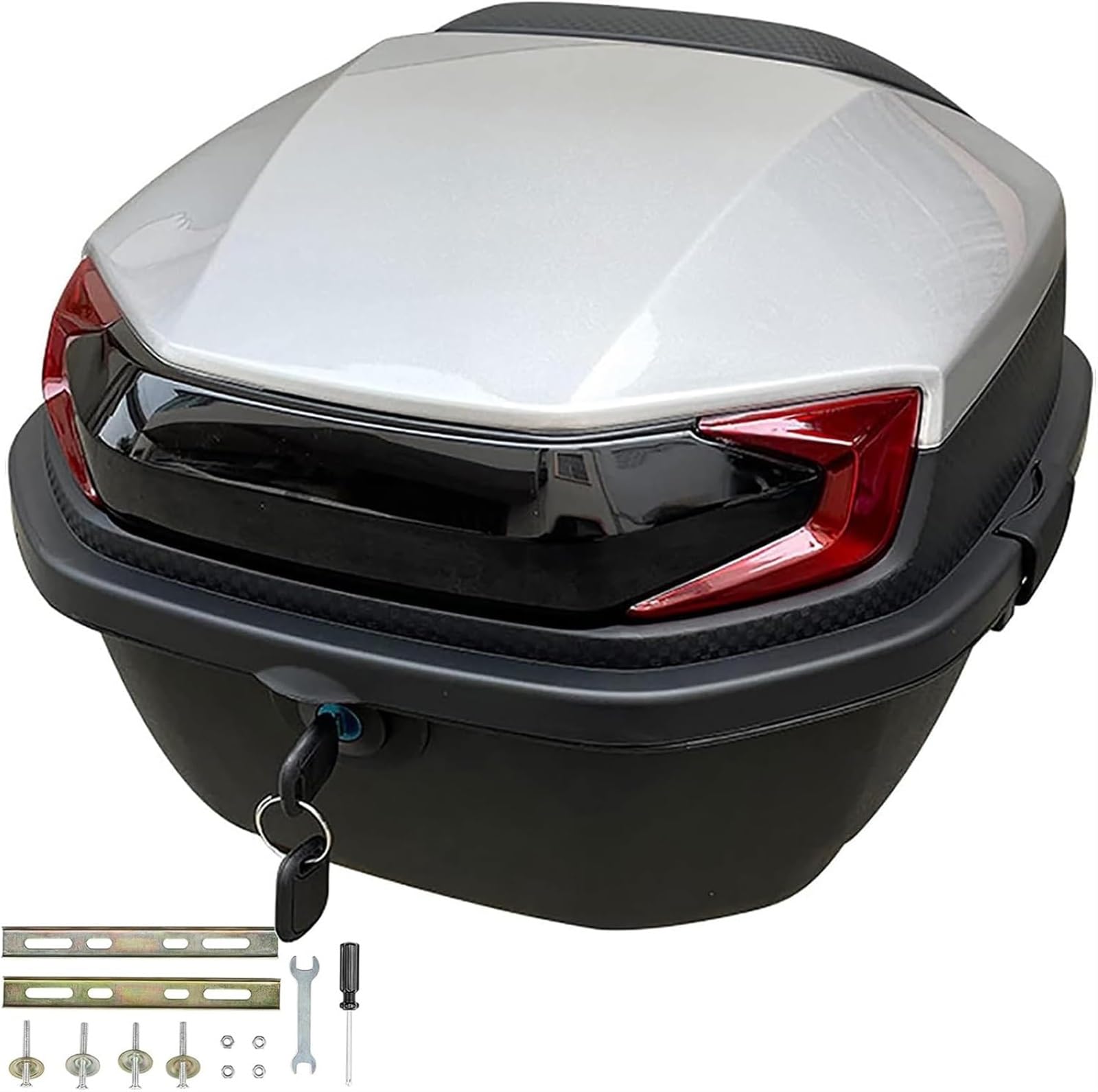 30L Motorrad-Heck-Top-Box, Motorrad-Top-Box-Koffer, Wasserdicht, Abschließbare Aufbewahrung, Kunststoffkoffer, Motorrad-Top-Case, Universal-Scooter-Kofferraum(Silver) von TS TAC-SKY