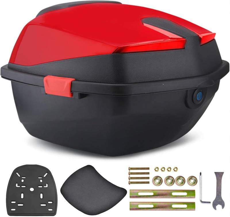 35L Motorrad-Topcase, Motorrad-Heckbox-Kofferraum, wasserdichte Universal-Scooter-Topbox, Aufbewahrungsträger-Kunststoffkoffer Mit Bequemer Rückenlehne(Red) von TS TAC-SKY