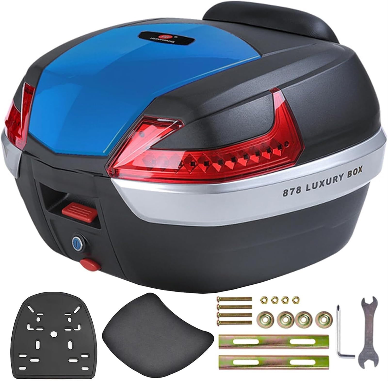 42L Motorrad-Topbox, Motorrad-Heckbox, Kofferraum, Gepäckbox, Wasserdichter Aufbewahrungskoffer, Motorrad-Kofferraum Kann Helm-Motorrad-Topcase Aufbewahren(Blue,Red Light) von TS TAC-SKY