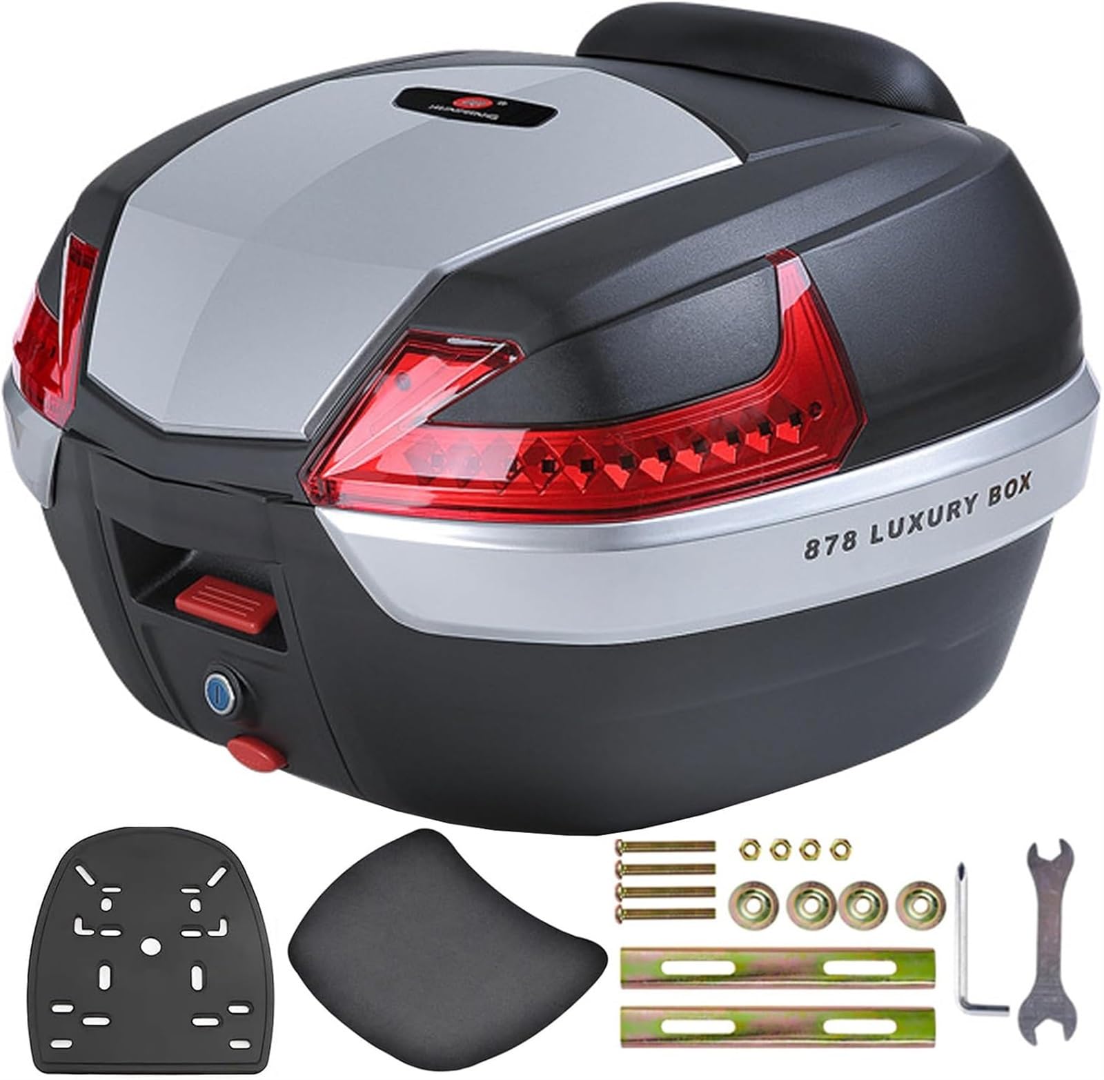 42L Motorrad-Topbox, Motorrad-Heckbox, Kofferraum, Gepäckbox, Wasserdichter Aufbewahrungskoffer, Motorrad-Kofferraum Kann Helm-Motorrad-Topcase Aufbewahren(Gray,Red Light) von TS TAC-SKY