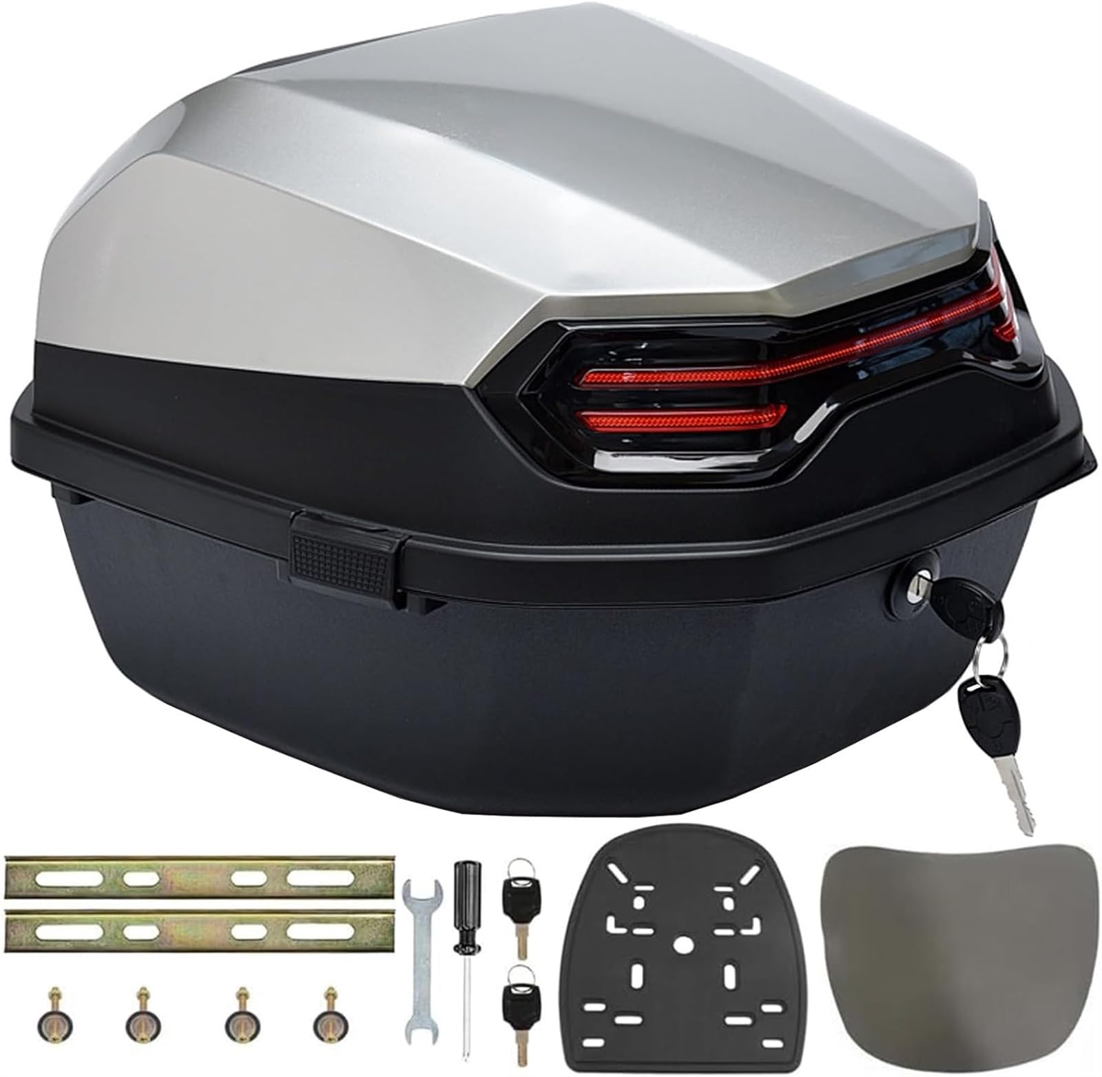 Motorrad-Topcase, Große Kapazität, wasserdichte Motorrad-Top-Box Mit Rückenlehne, Motorrad-Aufbewahrungsbox, Gepäckraum for Roller, Moped, Motorrad(Silver) von TS TAC-SKY