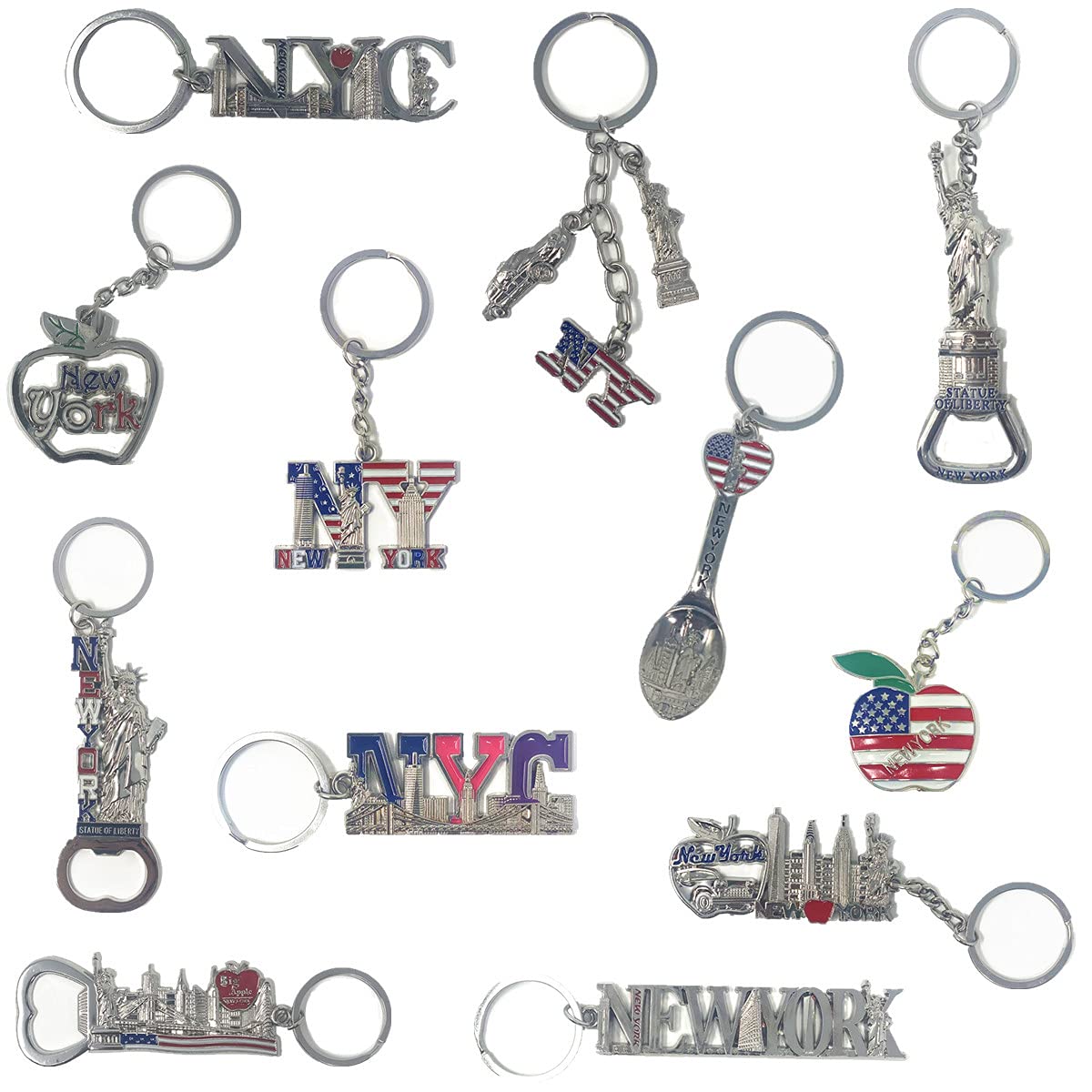 12 Stück Silber NYC Souvenir Schlüsselanhänger Kollektion New York Metall Schlüsselanhänger Ring Bundle Bulk inklusive Freiheitsstatue, Empire State, Freedom Tower, USA Flagge, NYC Cab, Big Apple, 4 von TSY TOOL