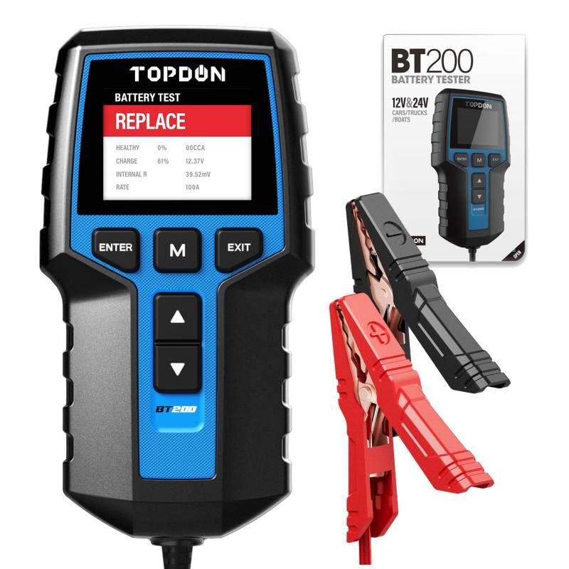 TOPDON BT200 12V 24V Batterietester, 100-2000 CCA Autobatterie Tester, batterie tester auto Lade-Anlasser-System Autoatterie analysator für LKW Schiff SUV Boot von TOPDON