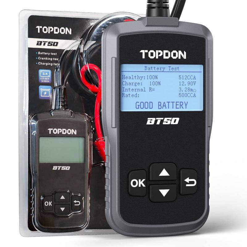 TOPDON Autobatterie Tester BT50, Batterietester kfz 12v mit Batteriestatusprüfung Anlasstest Ladetest für100-2000 CCA KFZ Motorrad Yacht von TOPDON