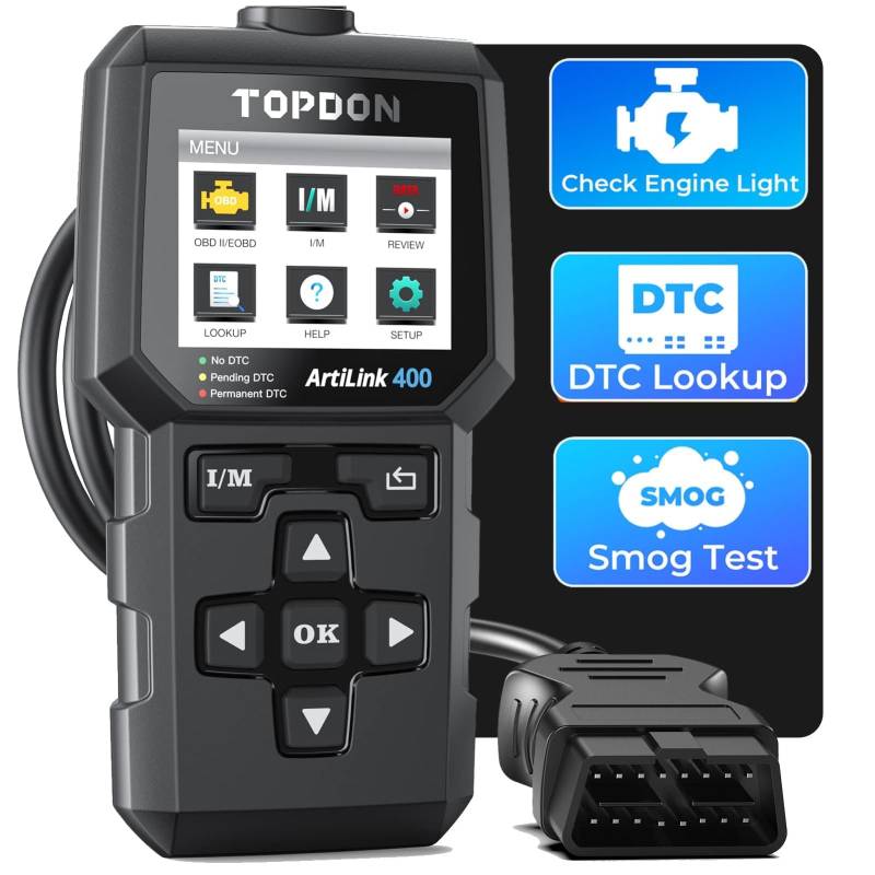 TOPDON AL400 OBD2 Diagnosegerät, Auto Auslesegerät OBD-Diagnosewerkzeug mit-10 OBD2-Funktionen, Motorkontrollleuchte, Smogtest, O2-Sensortest EVAP, PC Update von TOPDON