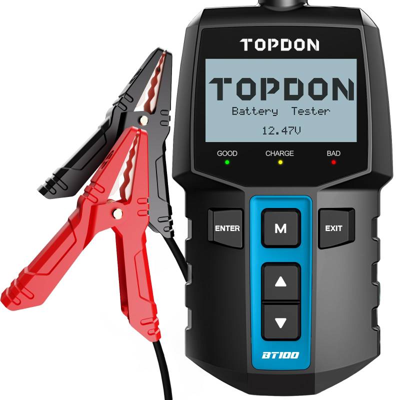 Autobatterie Tester TOPDON BT100, BatterieTester KFZ 12V mit 100-2000 CCA Batterietest Kurbeltest Ladesystem Test für Auto ATV SUV PKW-LKW Boot, Schwarz von TOPDON