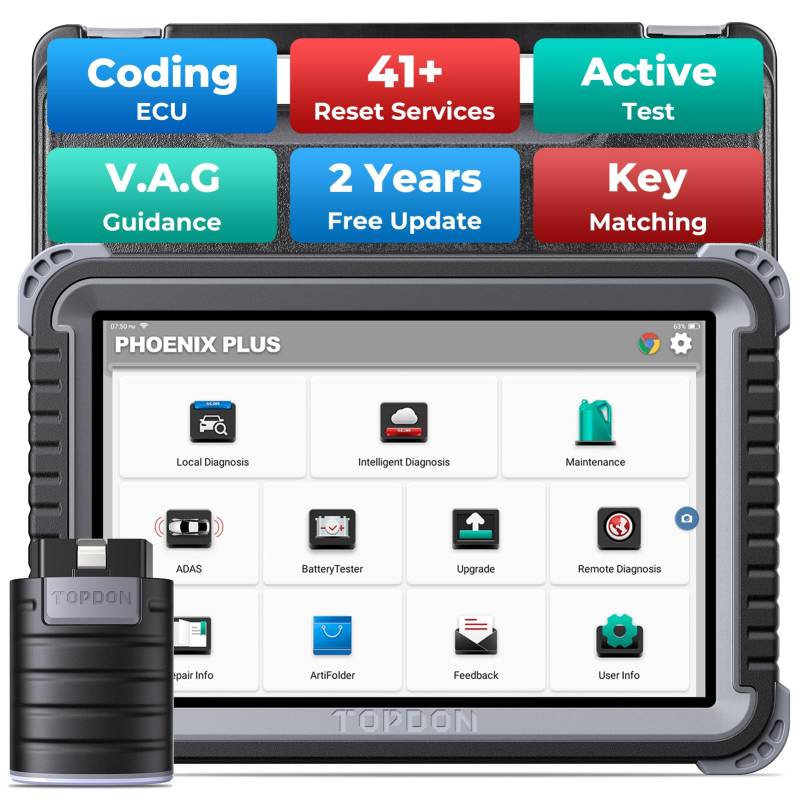 TOPDON Diagnosegerät Auto Phoenix Plus, ECU-Codierung, OE-Level Alle Systemdiagnosen, 41+Servicefunktionen, Bidirektionale Steuerung, 2 Jahre kostenloses Update, FCA AutoAuth, Android 10.0 von TOPDON