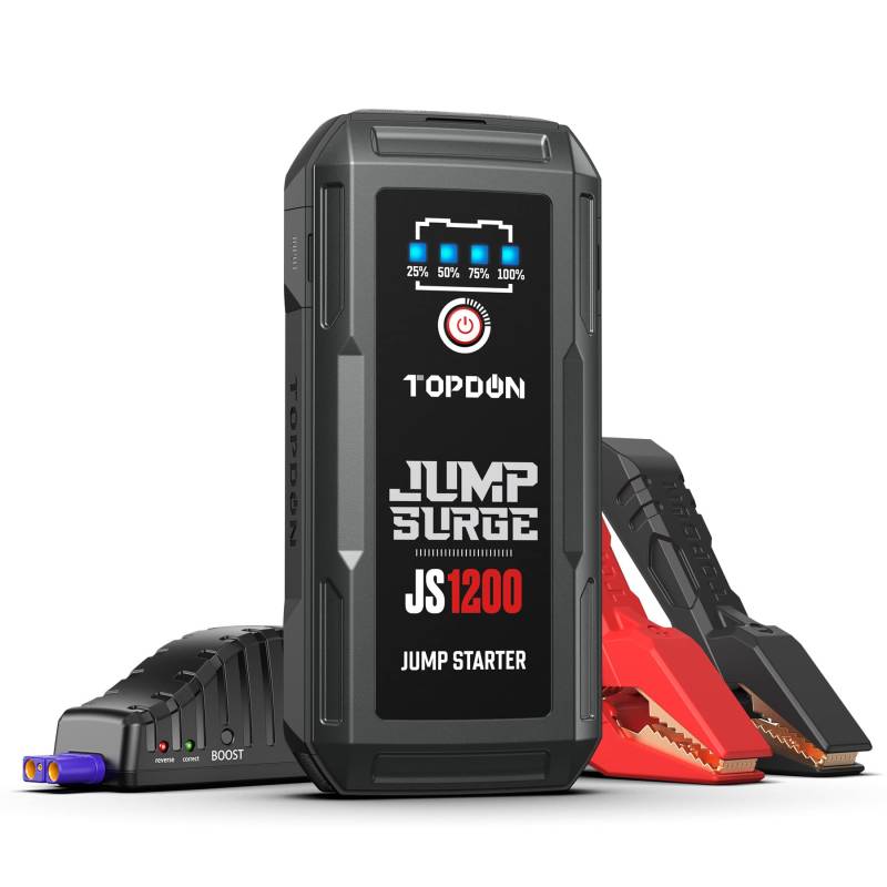 TOPDON Starthilfe Powerbank, JS1200 Starterbatterie 1200A Auto Booster Power Pack für bis zu 6.5L Benzin&4L Dieselmotoren, Kfz Jump Starter mit Starthilfekabel und Eingebaute LED, 10000mAh von TOPDON