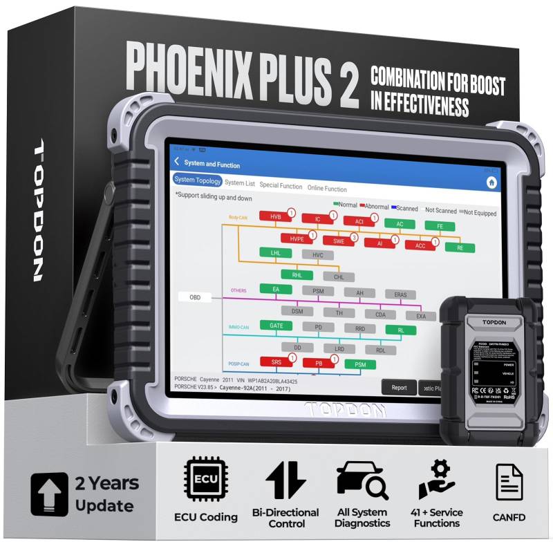 TOPDON Diagnosegerät Auto Phoenix Plus, ECU-Codierung, OE-Level Alle Systemdiagnosen, 41+Servicefunktionen, Bidirektionale Steuerung, 2 Jahre kostenloses Update, FCA AutoAuth, Android 10.0 von TOPDON