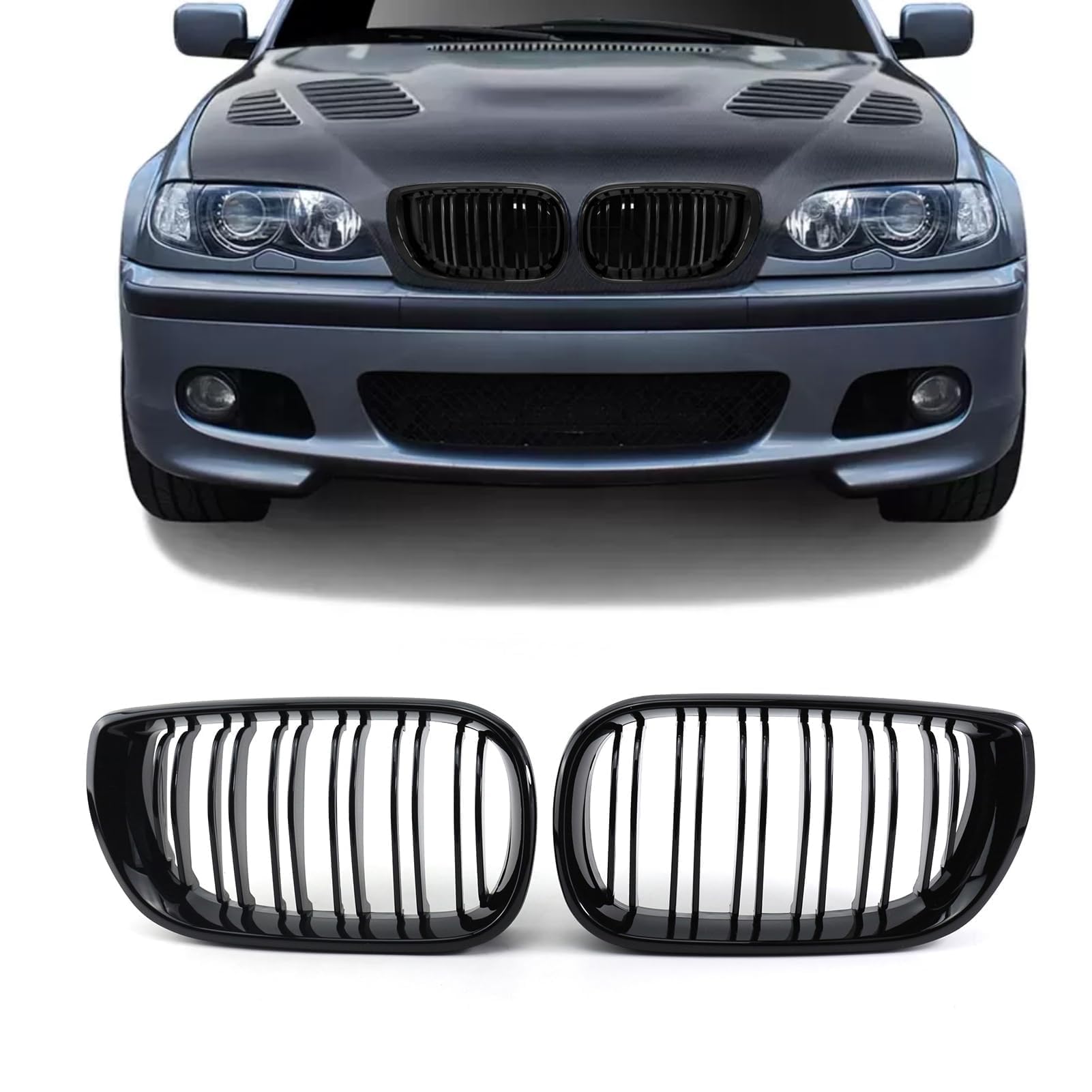 TTCR-II Kompatibel mit BMW E46 Schwarz Niere, Nieren Schwarz Kühlergrill für 3er E46 LCI 2002-2005 4 Door 318i 320i 325i 330i, 2Stk Doppel Slats E46 (Nicht für 2 Türen geeignet von TTCR-II