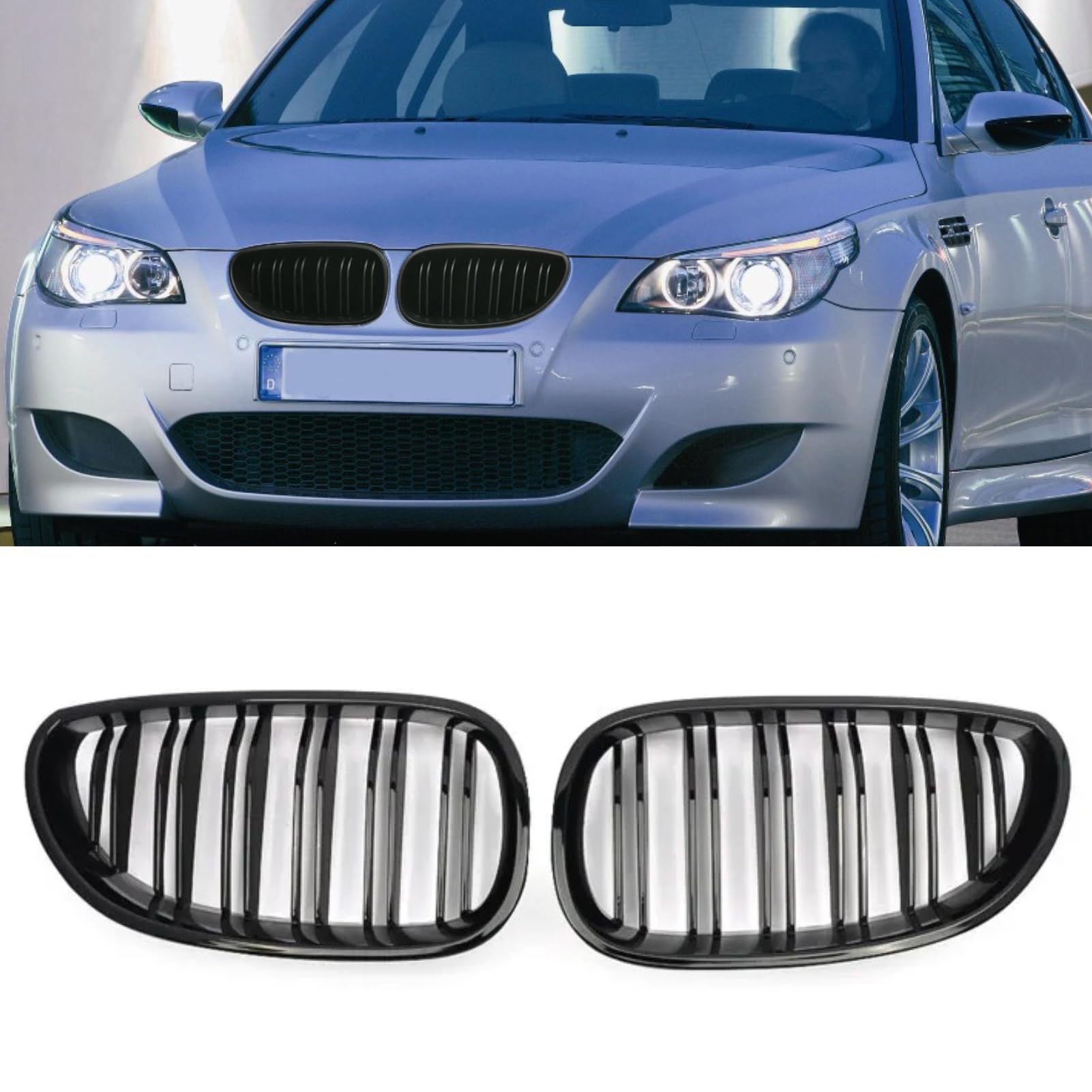 TTCR-II Kompatibel mit BMW E60 Nieren Schwarz Kühlergrill, Kühlergrill Streifen für 5er E60 E61 M5 2003–2009 525i 528i 530i 530xi 535i 535xi, 2Stk Doppel Slats BMW 5er E61 Nieren Schwarz von TTCR-II