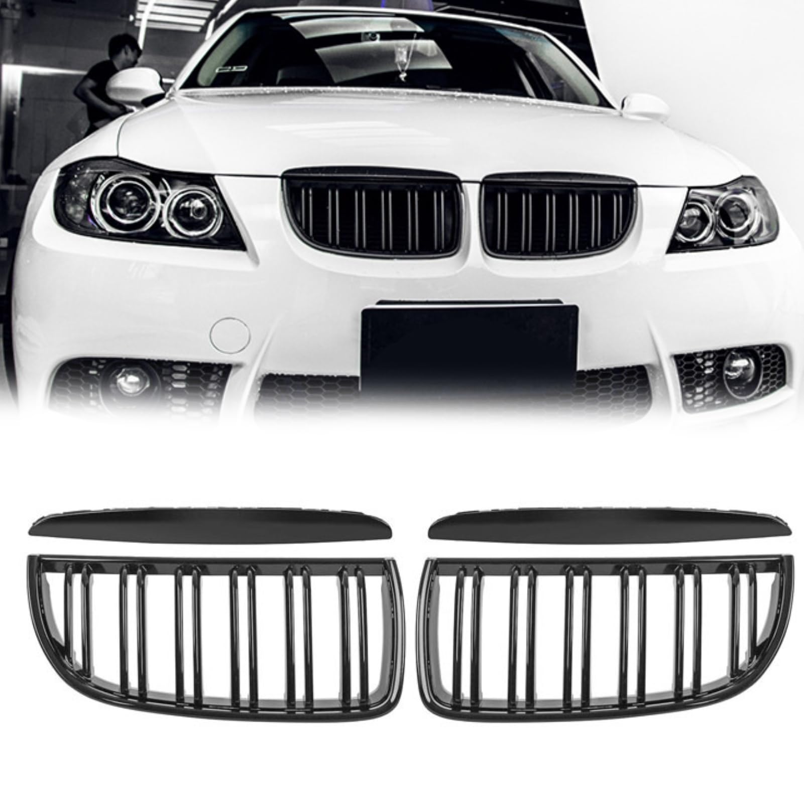 TTCR-II Kompatibel mit BMW E90 Nieren Schwarz Kühlergrill, Kühlergrill Streifen für 3er E90 E91 2005-2008 316i 318d 318i 320d 320i 328i 330d 330i, 2Stk Doppel Slats BMW E91 Nieren Schwarz von TTCR-II