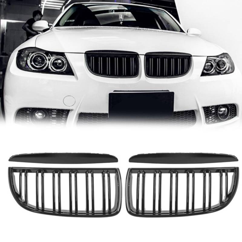 TTCR-II Kompatibel mit BMW E90 Nieren Schwarz Kühlergrill, Kühlergrill Streifen für 3er E90 E91 2005-2008 316i 318d 318i 320d 320i 328i 330d 330i, 2Stk Doppel Slats BMW E91 Nieren Kühlergrill Schwarz von TTCR-II