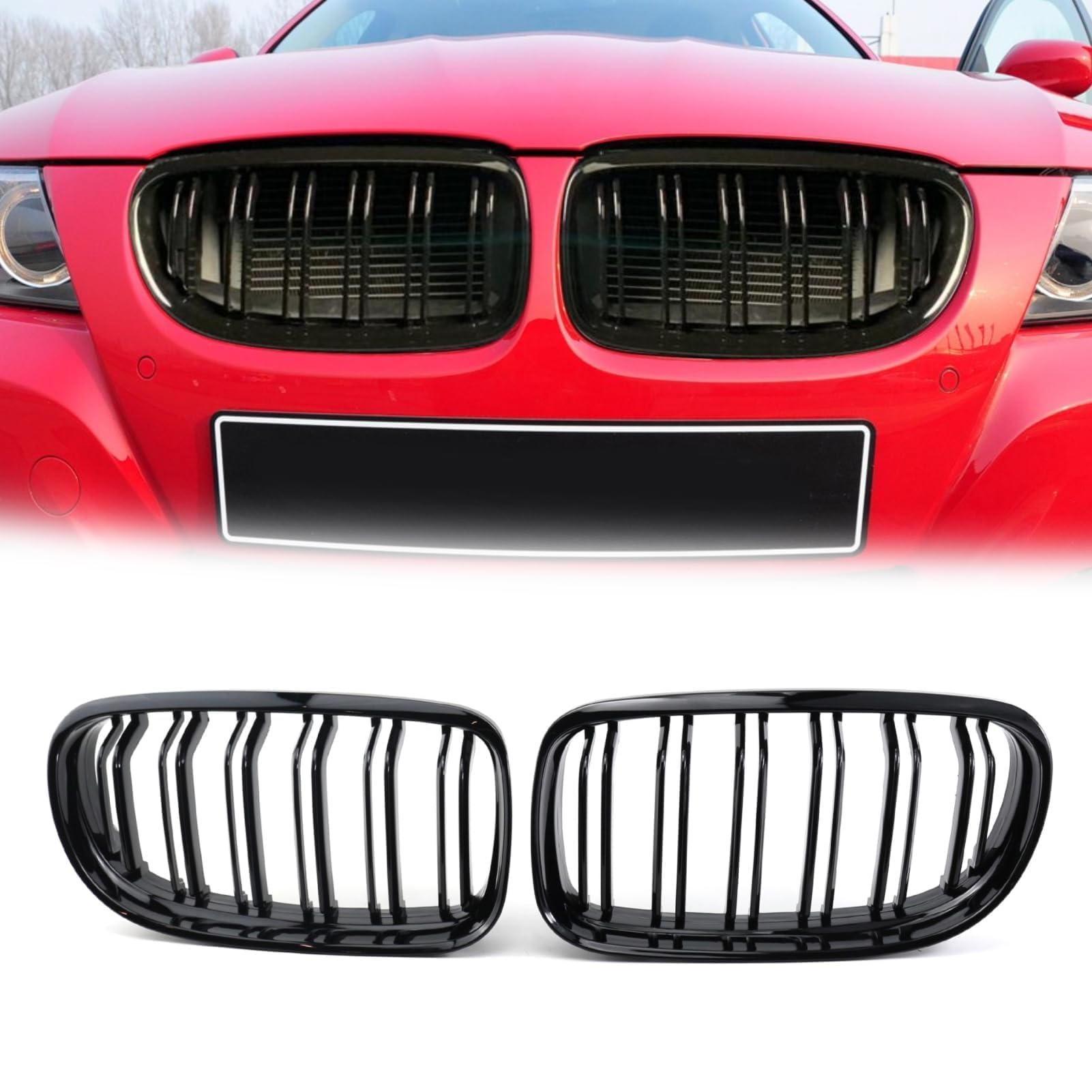 TTCR-II Kompatibel mit BMW E90 Nieren Schwarz Kühlergrill, Kühlergrill Streifen für 3er E90 E91 2009-2012 316 318 320 323 325 328 330 335 M3, 2Stk Doppel Slats BMW E91 Nieren Kühlergrill Schwarz von TTCR-II