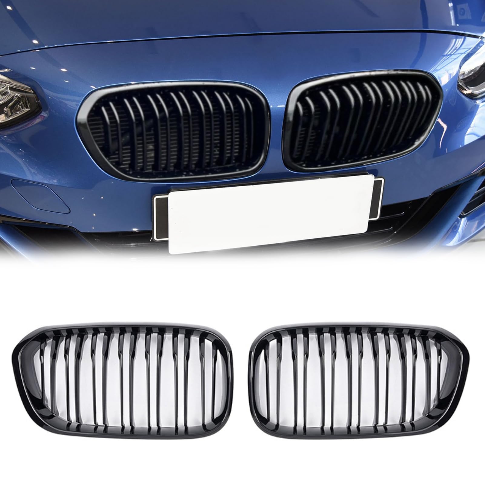 TTCR-II Kompatibel mit BMW F20 Nieren Schwarz Kühlergrill, Kühlergrill Streifen für 1er F20 F21 2015-2018 114 116 118 120 125 M135 M140, 2Stk Doppel Slats BMW 1er f21 Nieren Kühlergrill Schwarz von TTCR-II