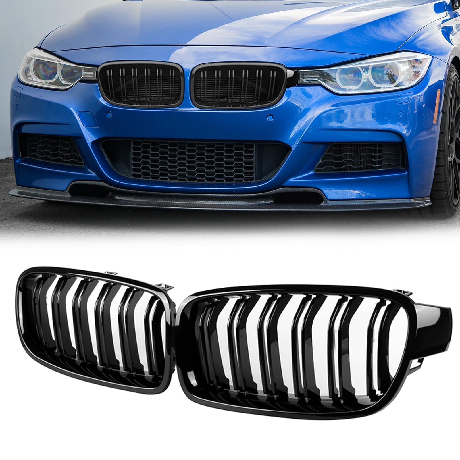 TTCR-II Nieren Kühlergrill Glossy Schwarz Frontgrill Doppel Slats Kühlergrille Kompatibel mit BMW 3er F30 F31 F35 2012-2018 2Pcs GläNzend Doppelsteg Grilles Auto Zubehör Autoersatz Grilleinsätze von TTCR-II