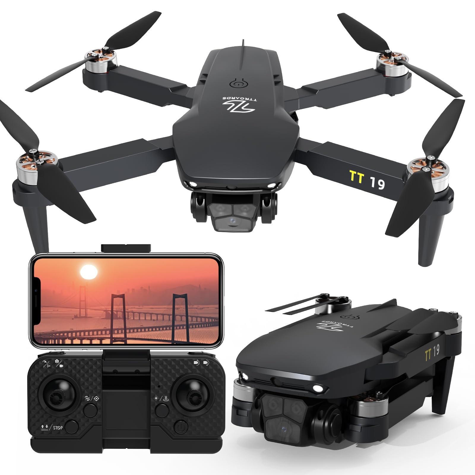 TT19 Mini Drohne mit Kamera 180° Hindernisvermeidung 40KM/H Maximale Geschwindigkeit RC FPV Drohnen für Anfänger Erwachsene Bürstenloser Motor Drone 5G Wifi Adjustable Camera 1080p Faltbar Quadcopter von TTROARDS