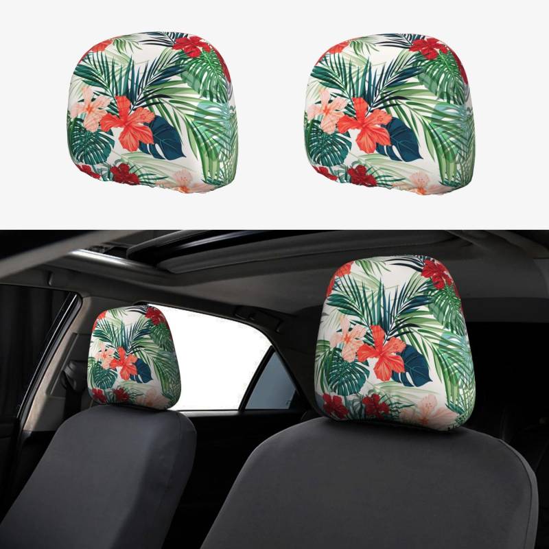 TTYDOKLA Autositz-Kopfstützenbezüge, Motiv: Vegetationsblätter mit Hibiskusblüten, Polyester-Kopfstützenbezüge, bequem und stilvoll von TTYDOKLA