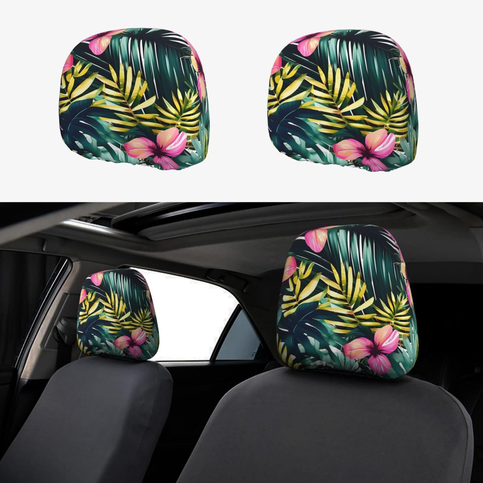 TTYDOKLA Autositz-Kopfstützenbezüge, Motiv: tropische Sommer-Hawaii-Blume, Palmblätter, Polyester, bequem und stilvoll von TTYDOKLA