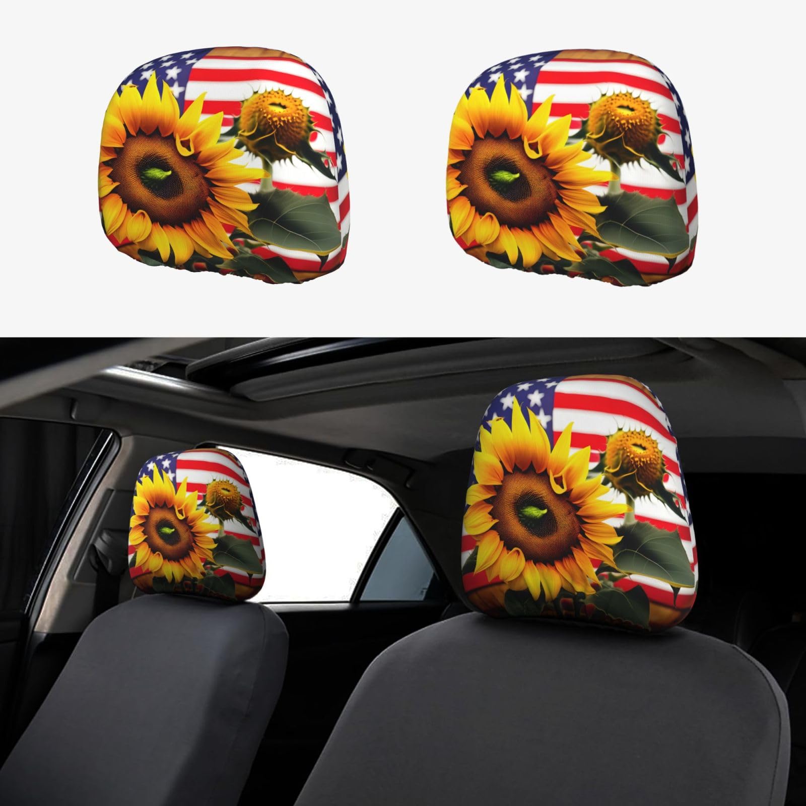 TTYDOKLA Kopfstützenbezüge, Motiv: Sonnenblume und amerikanische Flagge, Polyester, bequemes und stilvolles Autositz-Set von TTYDOKLA