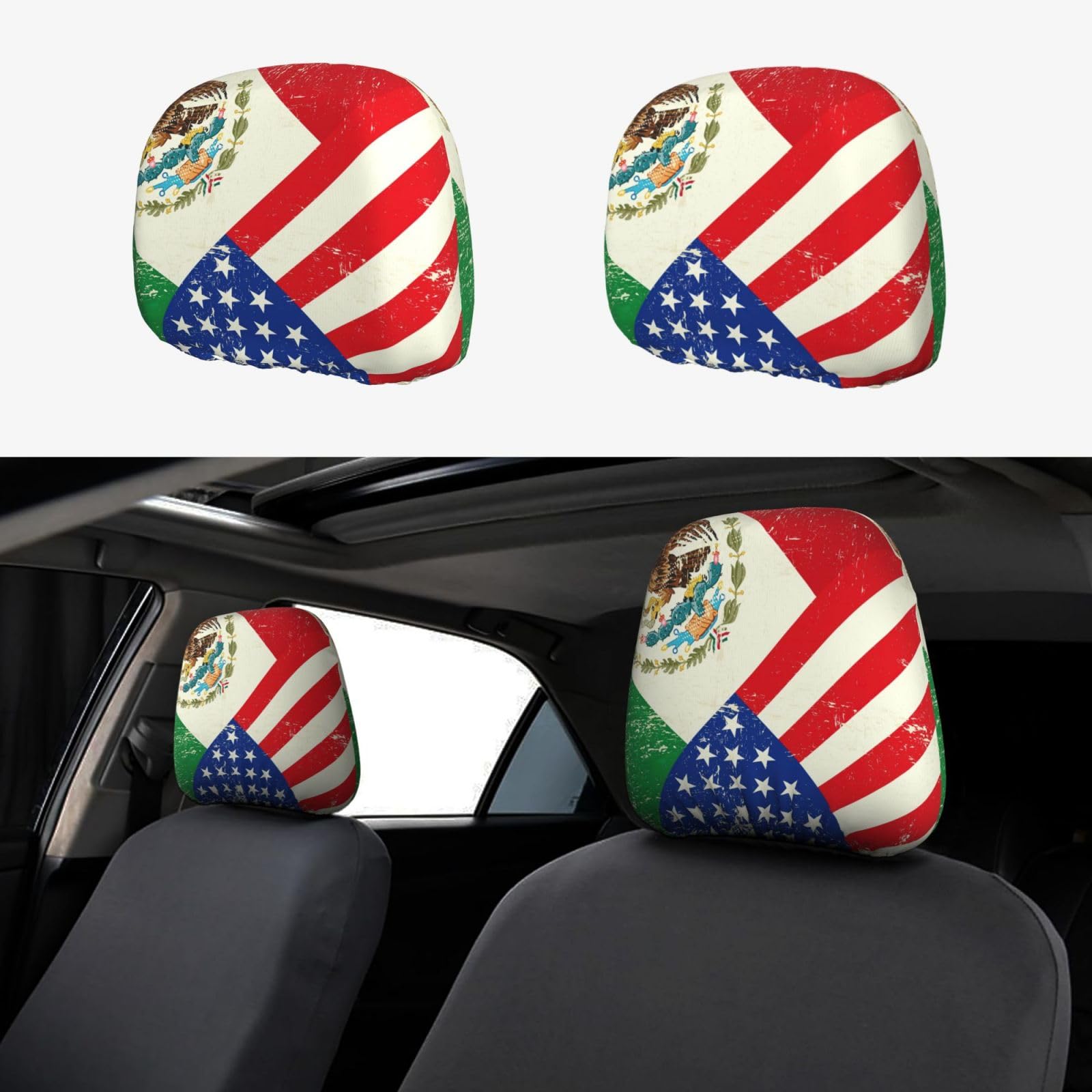 TTYDOKLA Kopfstützenbezug mit mexikanischer amerikanischer Flagge, Polyester, bequemes und stilvolles Autositz-Kopfstützenbezüge-Set von TTYDOKLA