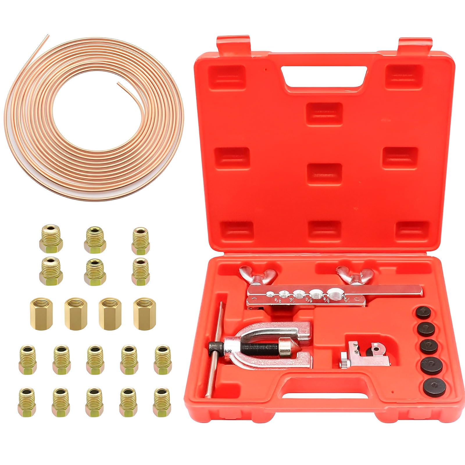 Bremsleitung Bördelgerät Werkzeugsatz – Aufweiten von Bördelgerät Bremsleitungen | 7,6m Bremsleitung Ø 4,75mm Stahl Set mit 16 Anschlüssen+4 Verbinder | Ideal Für Hydraulische Kfz-Bremssysteme von TUAKIMCE