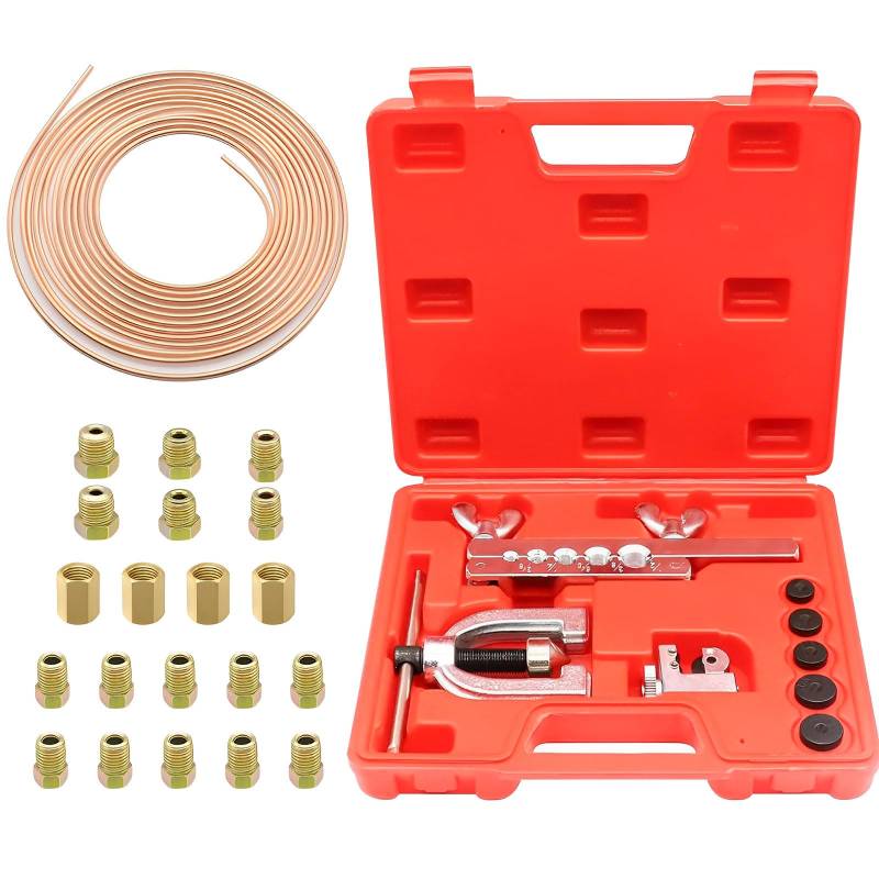 Bremsleitung Bördelgerät Werkzeugsatz – Aufweiten von Bördelgerät Bremsleitungen | 7,6m Bremsleitung Ø 4,75mm Stahl Set mit 16 Anschlüssen+4 Verbinder | Ideal Für Hydraulische Kfz-Bremssysteme von TUAKIMCE