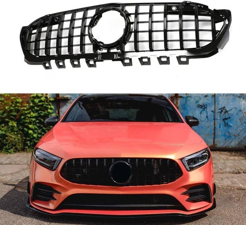 Kühlergrill Grill Für Mercedes Benz A Class W177 A200 A250 A35 AMG 2019-2022 Haube Kühlergrill Grill Wabengrill Ersatz Tuning Verschleißteile Karosserie-Anbauteile,Black von TUBIC