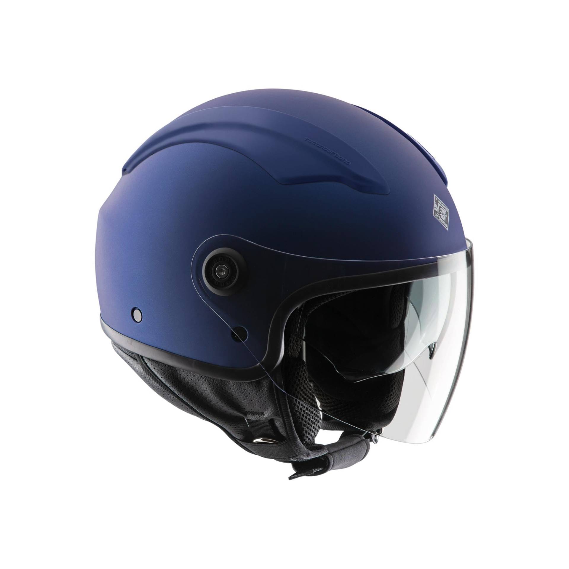 Tucano Urbano EL'TOP Unisex Demi-Jethelm, Motorradhelm aus Polycarbonat, Rollerhelm All Seasons mit Doppelvisier und Abdeckung - Dynamic Flow Belüftung, ECE 22.05 Blau matt Größe L von TUCANO URBANO