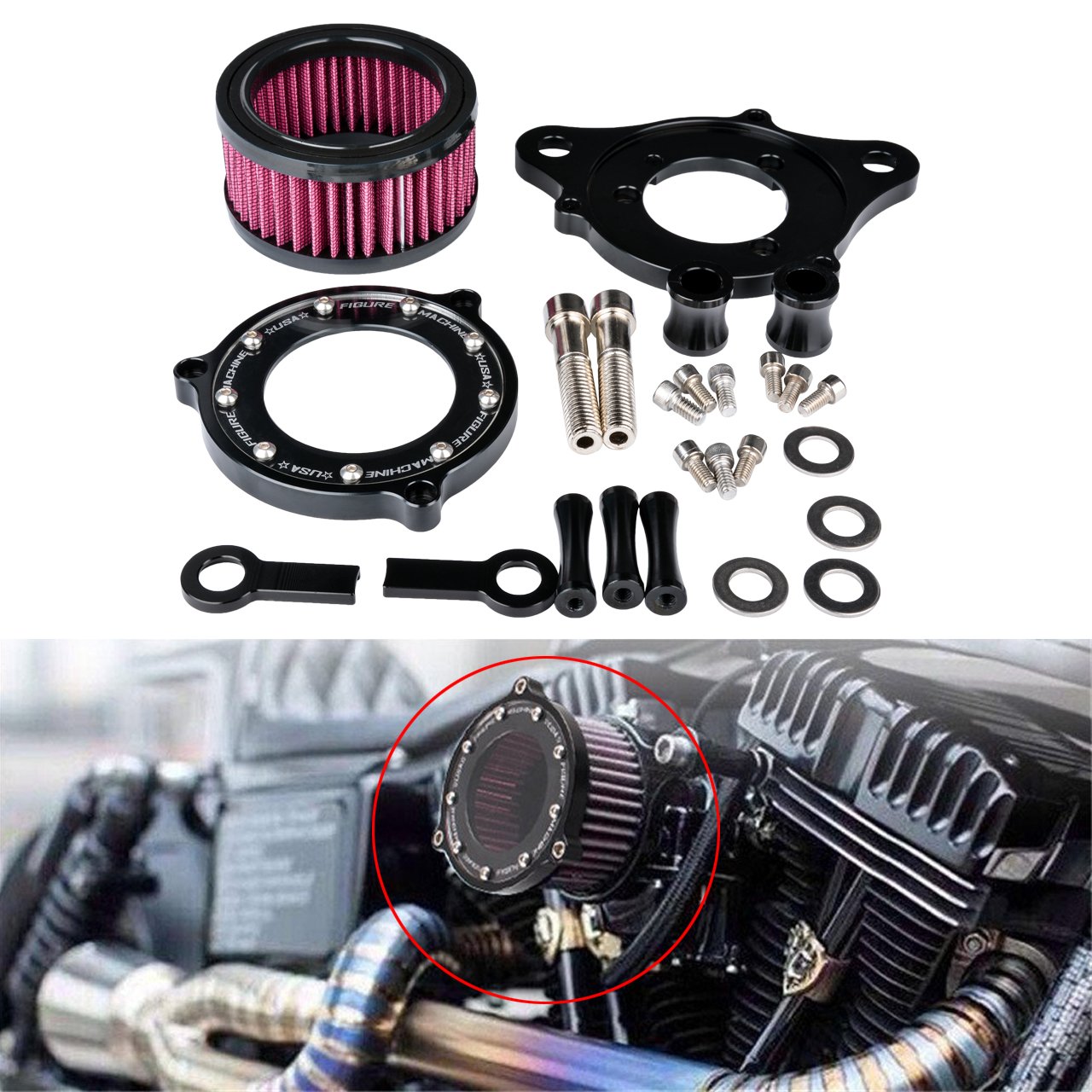 TUINCYN Universal Motorrad Air Filter Lufteinlass Filter System mit Befestigung Craft CNC Schwarz Chrom für Harley Davidson Sportster XL883/1200 x 48 2004–2014 Scooter (1 Stück) von TUINCYN