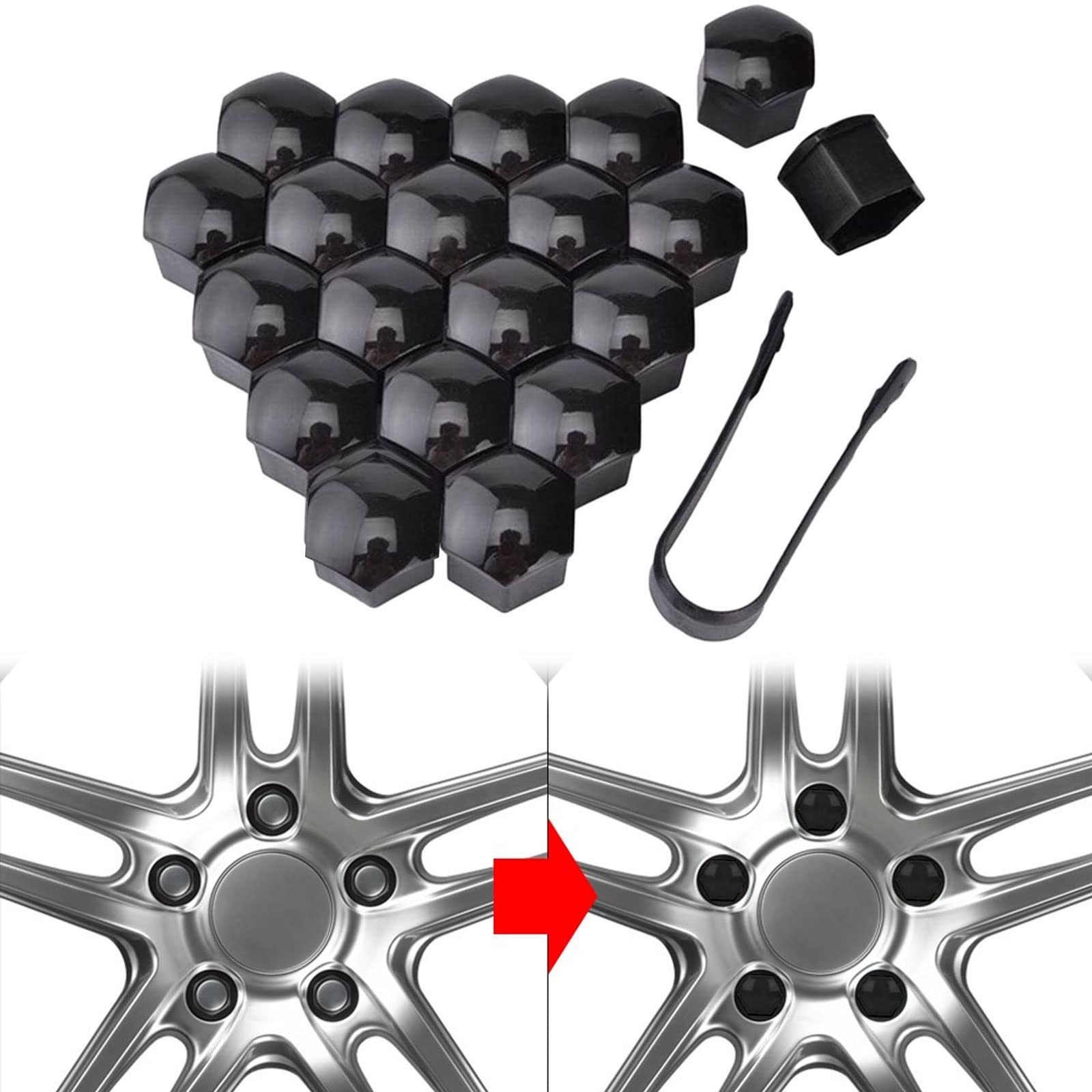 19mm Radschrauben Abdeckung, Auto Radschraubenkappen, Radschrauben Abdeckung, Auto Radschraubenkappen, Radschrauben Kappen, Mutternabdeckungen, mit Entfernung Werkzeug für Autos, Schwarz, 20 PCS von TUKNN