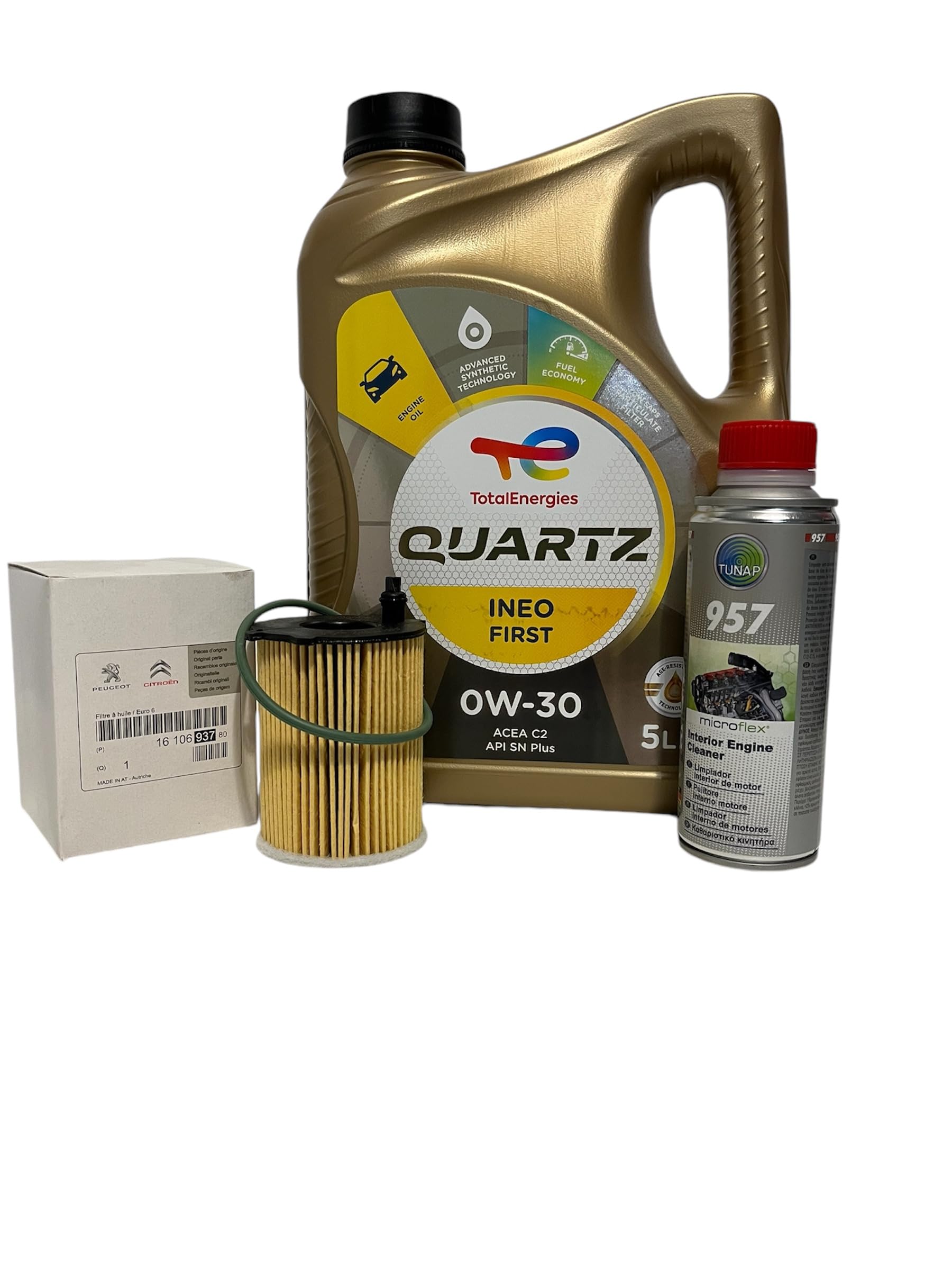 Quartz Ineo Firts 0W30 + Ölfilter Originalmotor 1.6BlueHDi (1610693780) + Tunap 957 Motorreiniger (200) (5) von TUNAP