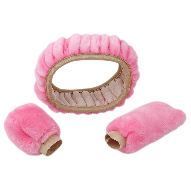 Lenkradbezug, Steering Wheel Cover 2 stücke Auto Lenkradabdeckung Getriebe Handbremse Abdeckung Protektor Dekoration Warme super Dicke Plüschkragen Weiche Schwarz Rosa Frauen Mann(Pink Plush Set) von TUOYDJA