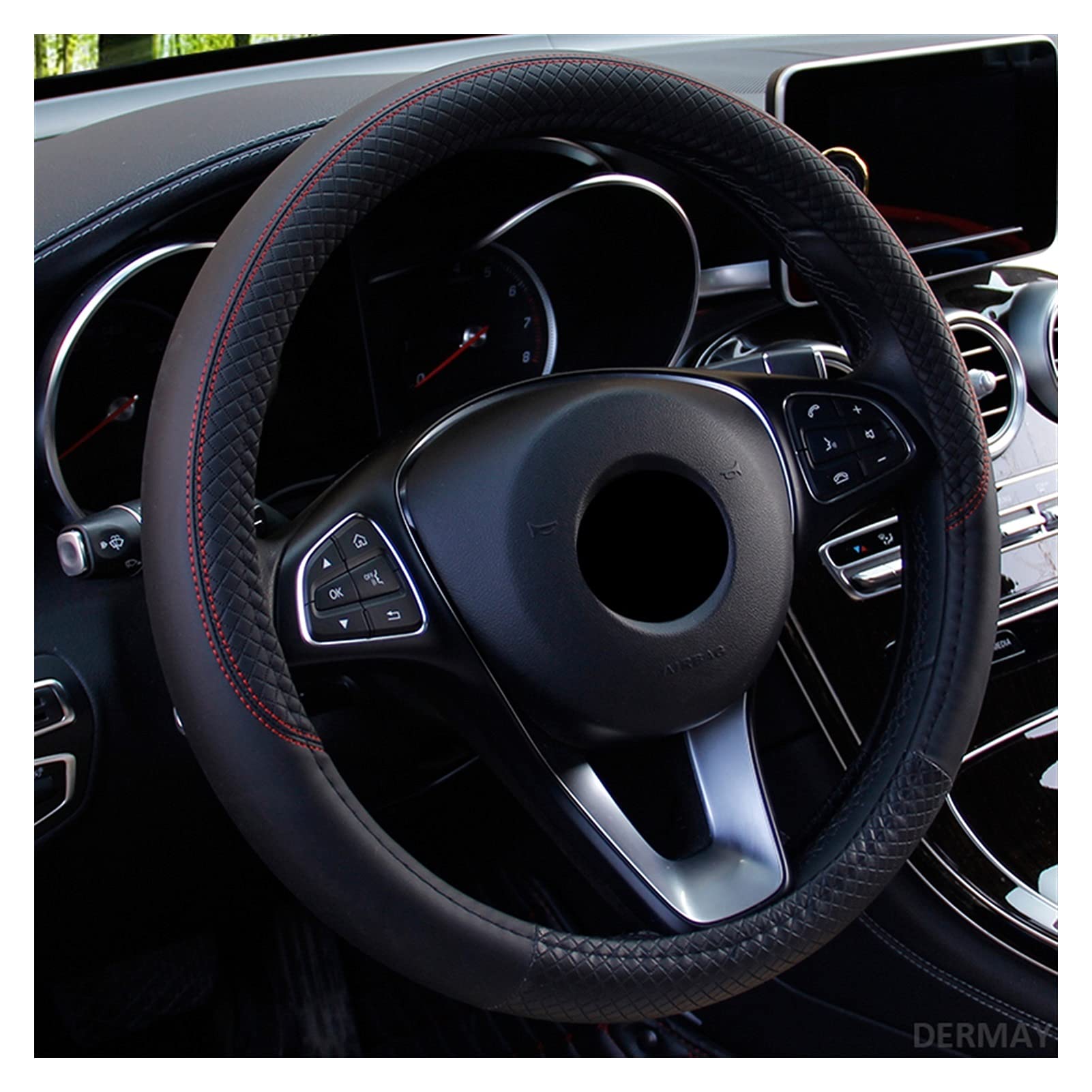 Lenkradbezug, Steering Wheel Cover Auto Lenkradabdeckung Passend für 37-38 cm Leder Atmungsaktive Stoffgeflecht Auto Lenkradabdeckung Auto Innenausstattung(Black) von TUOYDJA